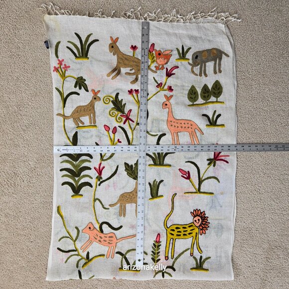 Tolani Linen Scarf Embroidered With Whimsical Animals and Plants - Picture 11 of 11